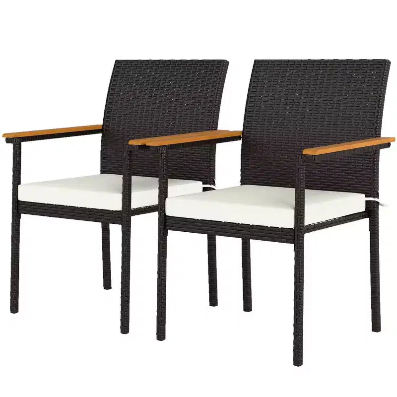 Sedie da pranzo impilabili da esterno in rattan PE con cuscino, sedia da pranzo in vimini per patio con braccioli e schienale