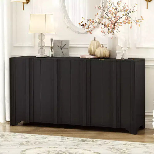 Credenza a 4 ante in impiallacciatura di pino con dettagli lineari e gambe triangolari, 151,6 cm