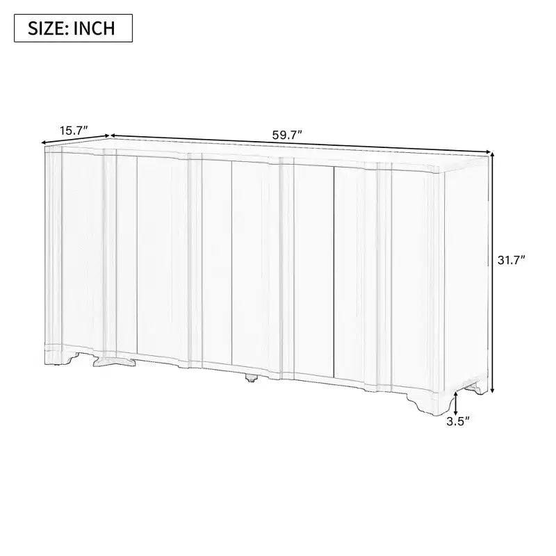Credenza a 4 ante in impiallacciatura di pino con dettagli lineari e gambe triangolari, 151,6 cm
