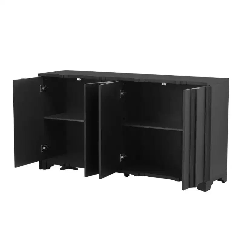 Credenza a 4 ante in impiallacciatura di pino con dettagli lineari e gambe triangolari, 151,6 cm