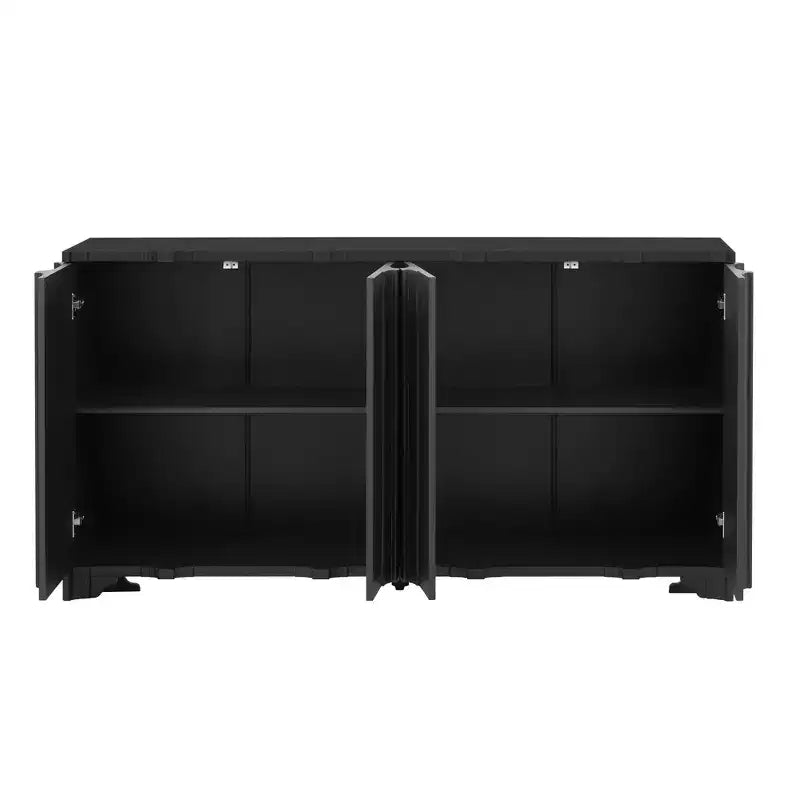 Credenza a 4 ante in impiallacciatura di pino con dettagli lineari e gambe triangolari, 151,6 cm