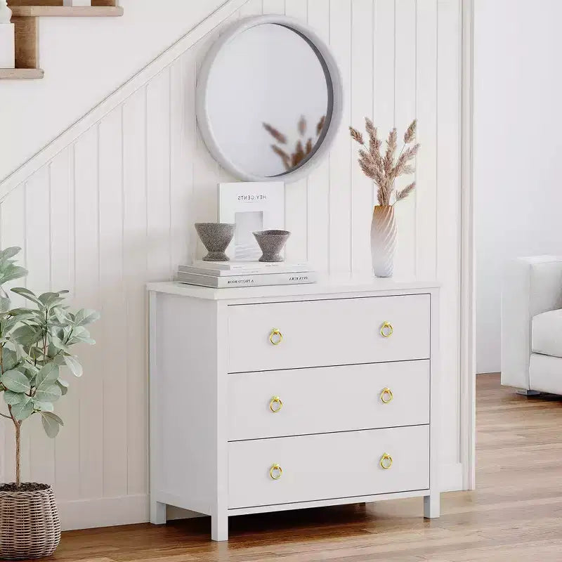 Comò a 3 cassetti largo 80 cm, Armadio contenitore in MDF bianco per camera da letto o corridoio