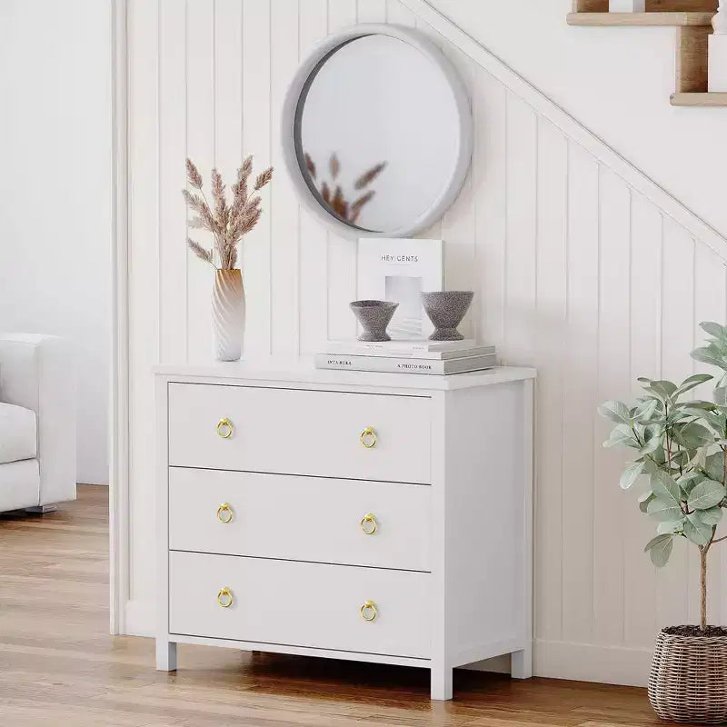 Comò a 3 cassetti largo 80 cm, Armadio contenitore in MDF bianco per camera da letto o corridoio