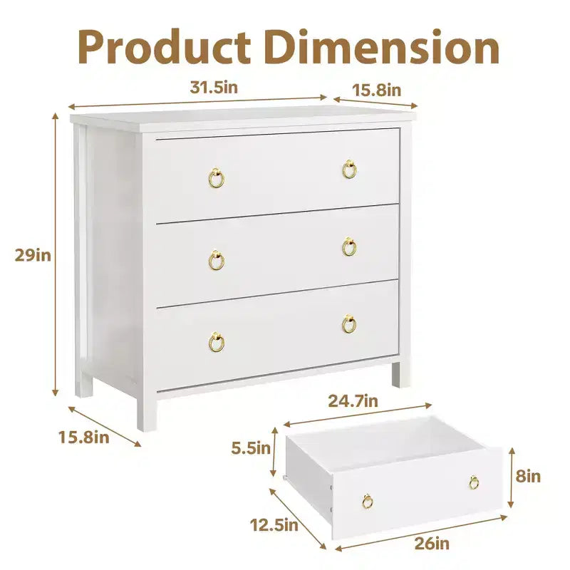 Comò a 3 cassetti largo 80 cm, Armadio contenitore in MDF bianco per camera da letto o corridoio