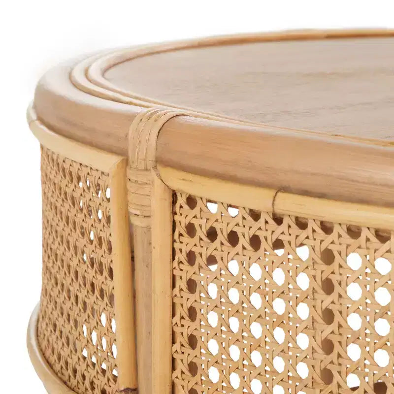 Tavolino da Caffè Rotondo in Legno di Mango e Rattan, Multicolore, Capacità 35 kg