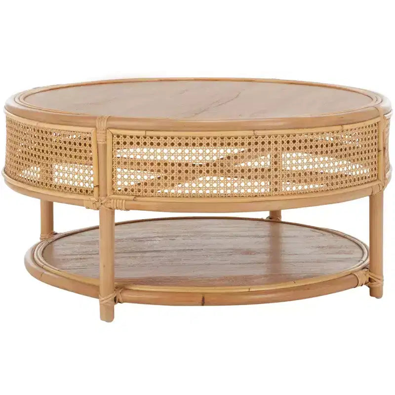 Tavolino da Caffè Rotondo in Legno di Mango e Rattan, Multicolore, Capacità 35 kg