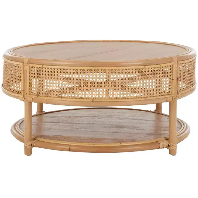 Tavolino da Caffè Rotondo in Legno di Mango e Rattan, Multicolore, Capacità 35 kg