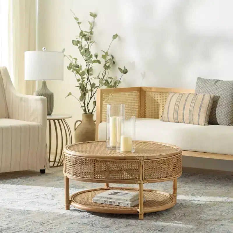 Tavolino da Caffè Rotondo in Legno di Mango e Rattan, Multicolore, Capacità 35 kg