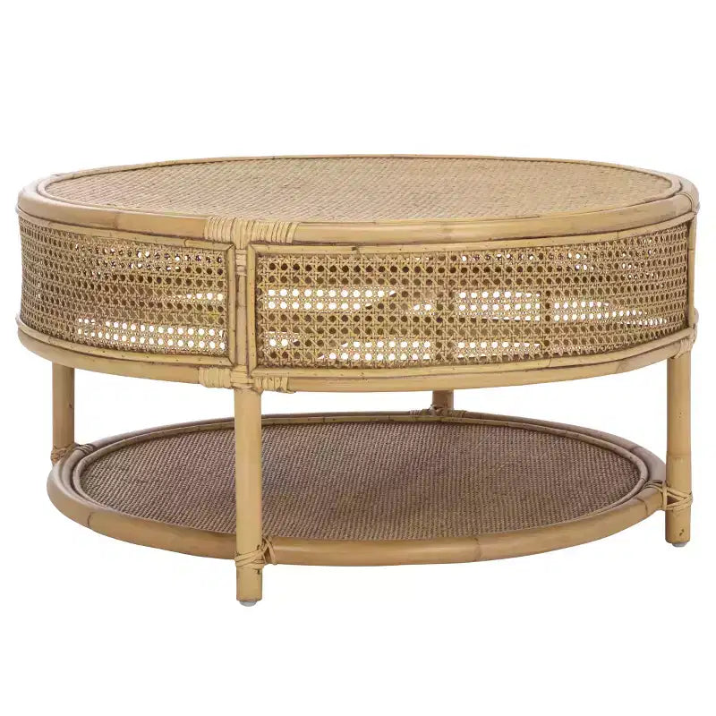 Tavolino da Caffè Rotondo in Legno di Mango e Rattan, Multicolore, Capacità 35 kg