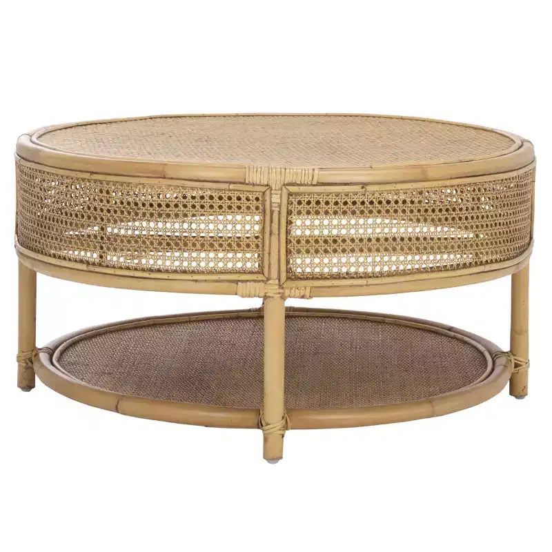 Tavolino da Caffè Rotondo in Legno di Mango e Rattan, Multicolore, Capacità 35 kg