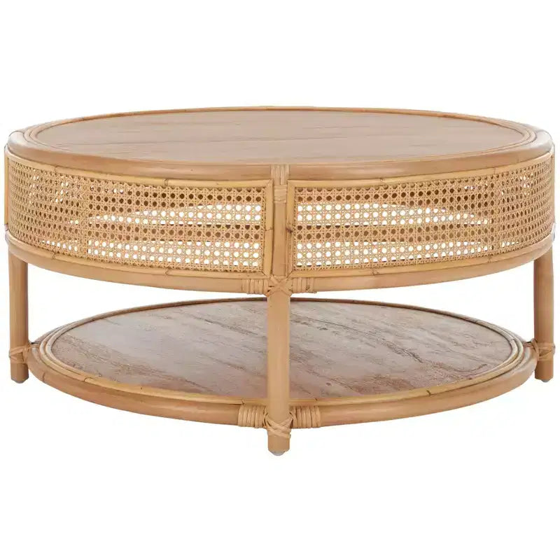 Tavolino da Caffè Rotondo in Legno di Mango e Rattan, Multicolore, Capacità 35 kg