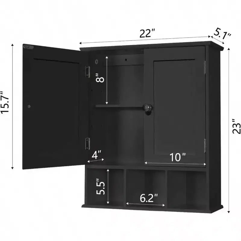 Mobile bagno nero da parete con 2 ante e ripiani regolabili, stile moderno