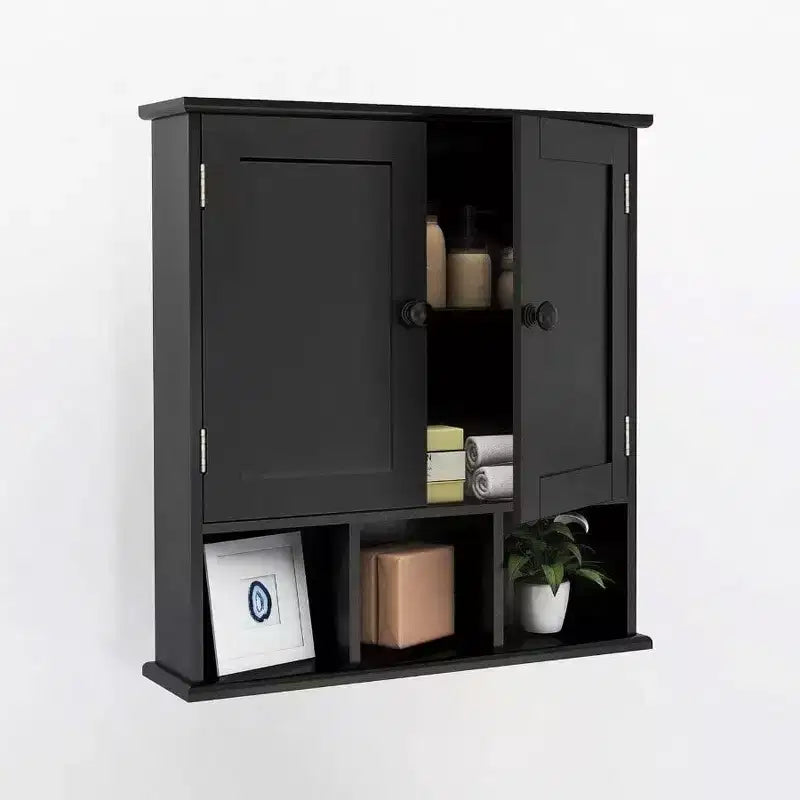 Mobile bagno nero da parete con 2 ante e ripiani regolabili, stile moderno