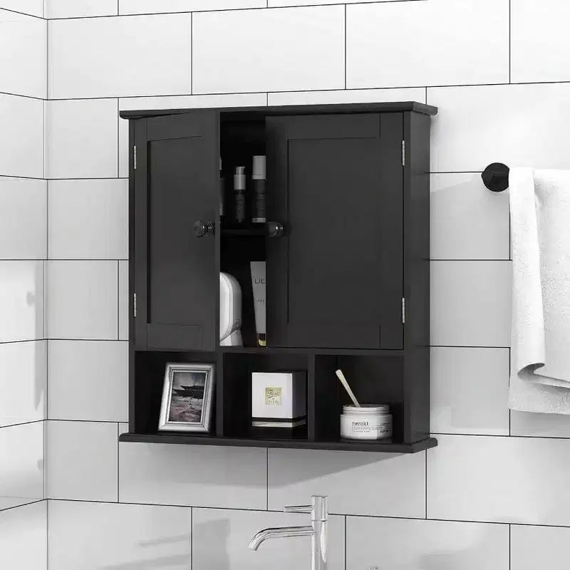 Mobile bagno nero da parete con 2 ante e ripiani regolabili, stile moderno
