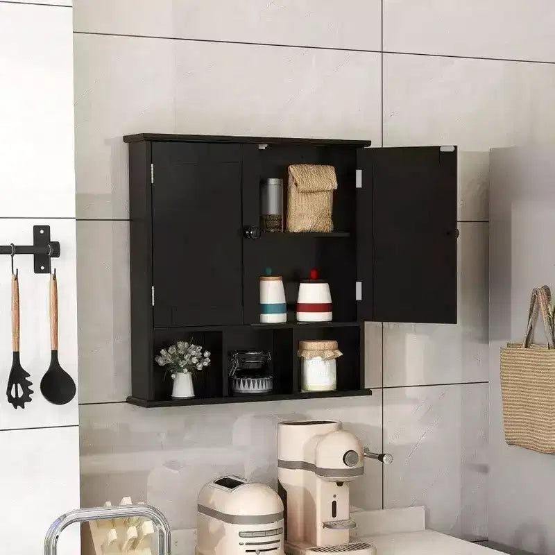 Mobile bagno nero da parete con 2 ante e ripiani regolabili, stile moderno