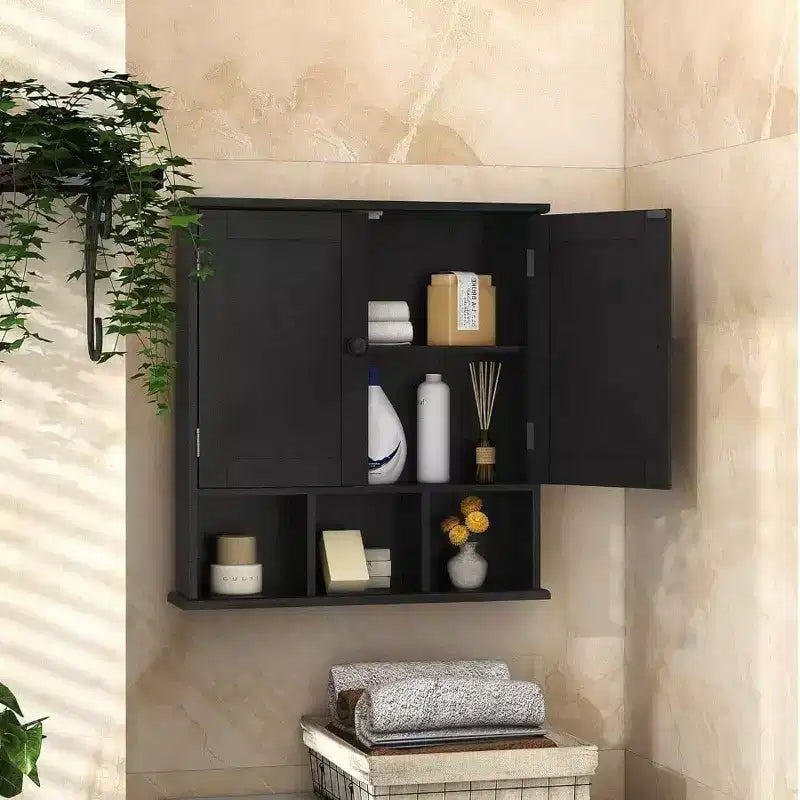 Mobile bagno nero da parete con 2 ante e ripiani regolabili, stile moderno