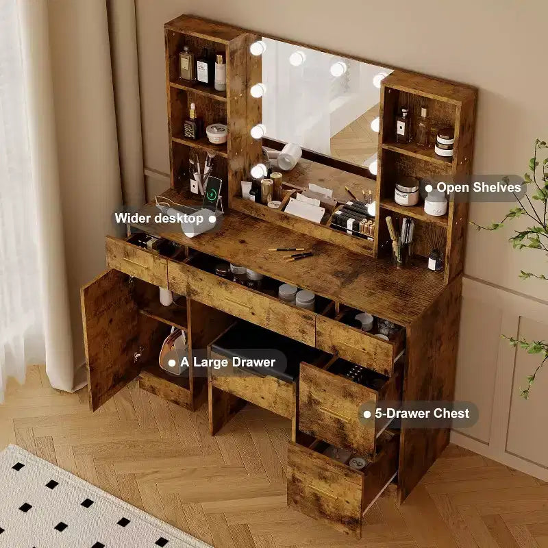 Toeletta da Trucco Illuminata con Specchio, 5 Cassetti, 6 Ripiani Aperti, Armadietti e Sgabello