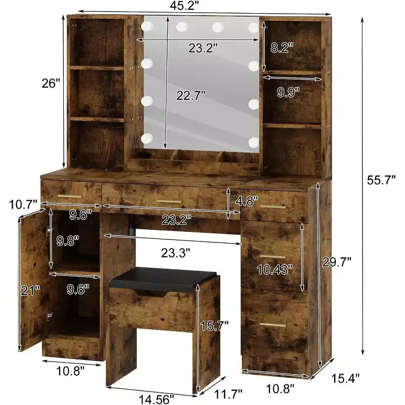 Toeletta da Trucco Illuminata con Specchio, 5 Cassetti, 6 Ripiani Aperti, Armadietti e Sgabello