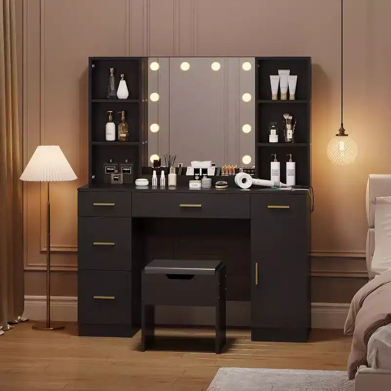 Toeletta da Trucco Illuminata con Specchio, 5 Cassetti, 6 Ripiani Aperti, Armadietti e Sgabello