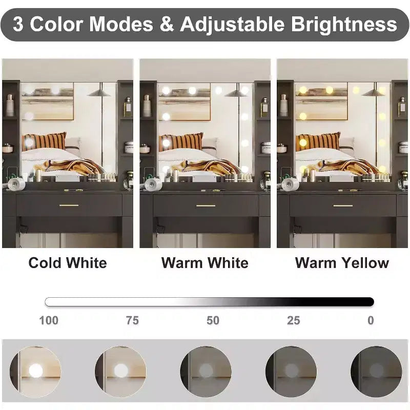 Toeletta da Trucco Illuminata con Specchio, 5 Cassetti, 6 Ripiani Aperti, Armadietti e Sgabello
