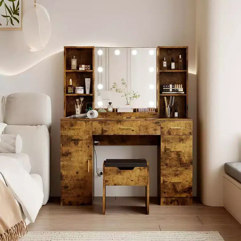 Toeletta da Trucco Illuminata con Specchio, 5 Cassetti, 6 Ripiani Aperti, Armadietti e Sgabello