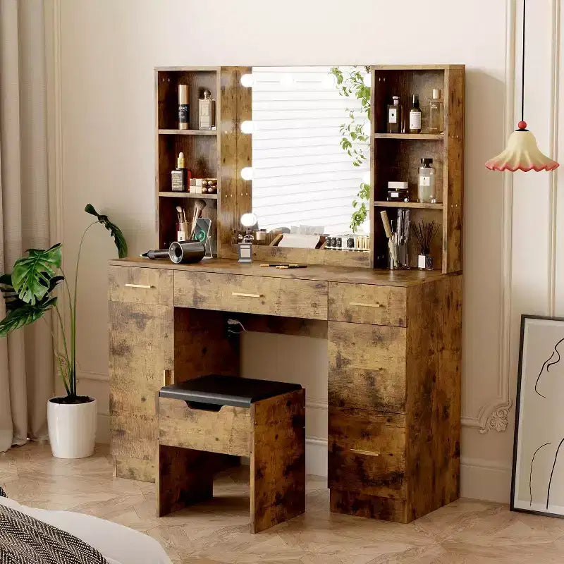 Toeletta da Trucco Illuminata con Specchio, 5 Cassetti, 6 Ripiani Aperti, Armadietti e Sgabello