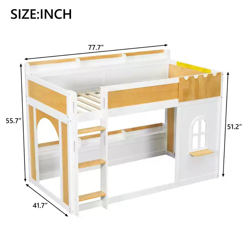 Letto a castello salvaspazio con mensole contenitore integrate e finestra decorativa, in legno di pino