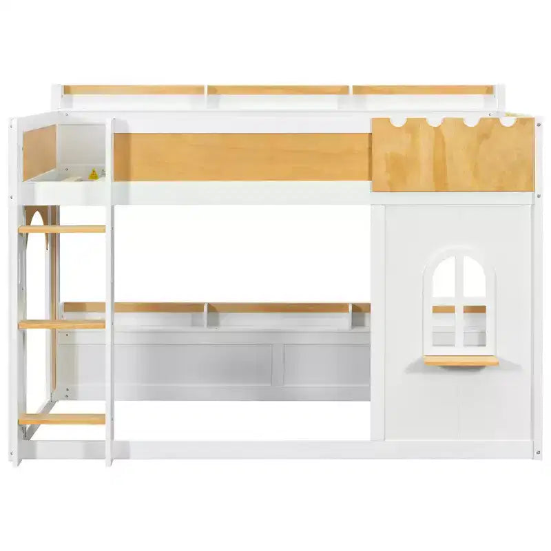 Letto a castello salvaspazio con mensole contenitore integrate e finestra decorativa, in legno di pino