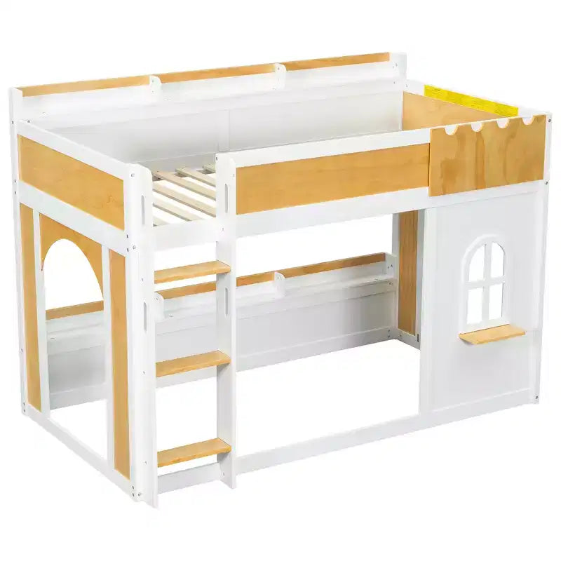 Letto a castello salvaspazio con mensole contenitore integrate e finestra decorativa, in legno di pino