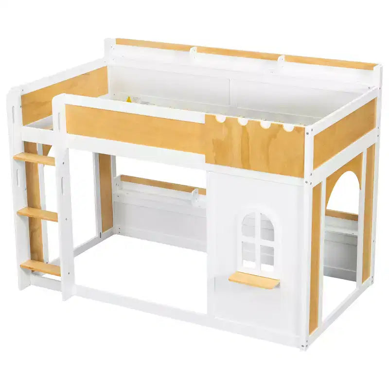 Letto a castello salvaspazio con mensole contenitore integrate e finestra decorativa, in legno di pino