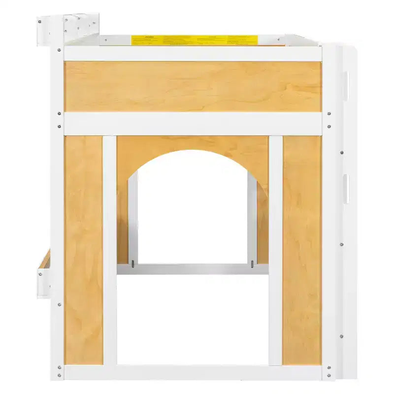 Letto a castello salvaspazio con mensole contenitore integrate e finestra decorativa, in legno di pino