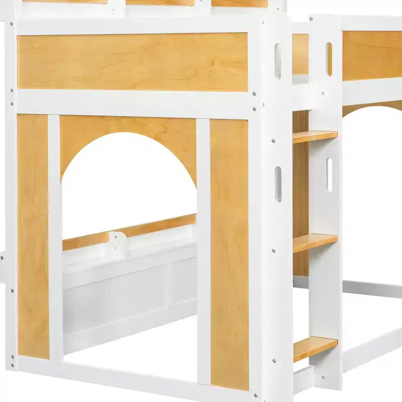 Letto a castello salvaspazio con mensole contenitore integrate e finestra decorativa, in legno di pino