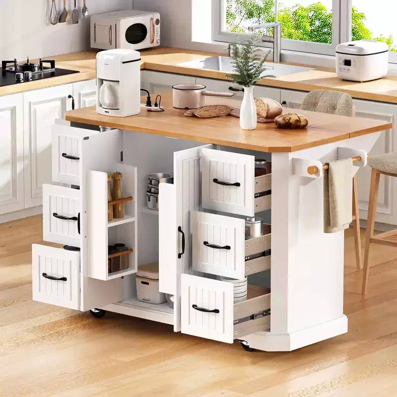 Isola da cucina bianca da 56 pollici con anta a ribalta, presa di corrente, 6 cassetti profondi e 4 ripiani a 2 ante