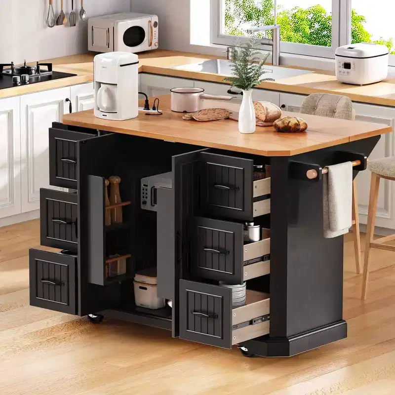 Isola da cucina bianca da 56 pollici con anta a ribalta, presa di corrente, 6 cassetti profondi e 4 ripiani a 2 ante