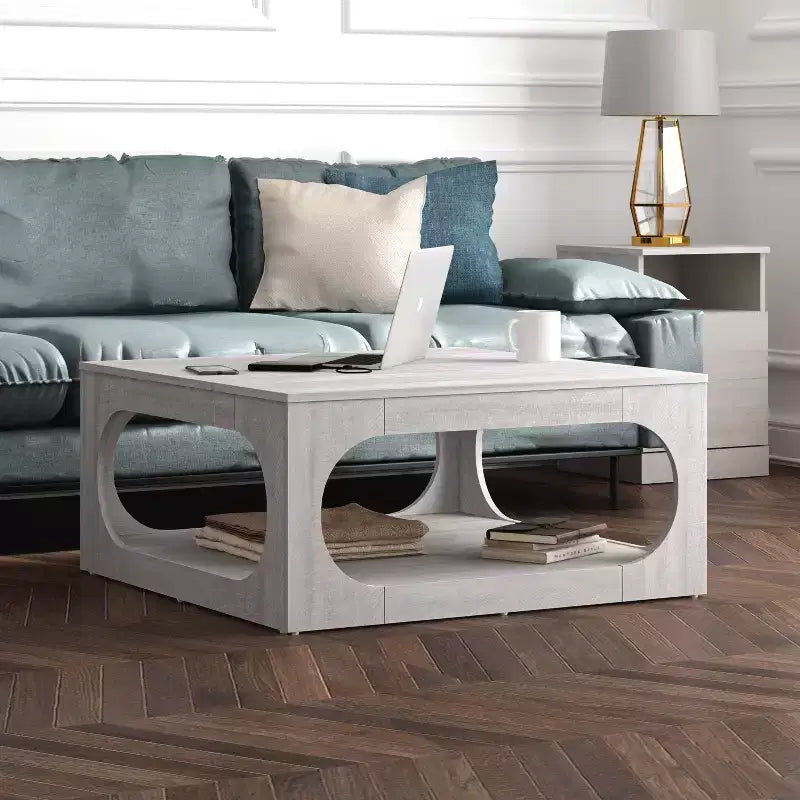 Tavolino da caffè quadrato moderno con ripiano aperto, 34,8 x 34,8 x 16,1 pollici, grigio