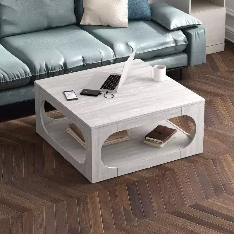 Tavolino da caffè quadrato moderno con ripiano aperto, 34,8 x 34,8 x 16,1 pollici, grigio