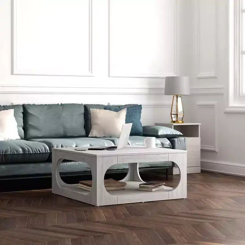 Tavolino da caffè quadrato moderno con ripiano aperto, 34,8 x 34,8 x 16,1 pollici, grigio