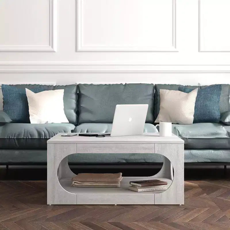 Tavolino da caffè quadrato moderno con ripiano aperto, 34,8 x 34,8 x 16,1 pollici, grigio