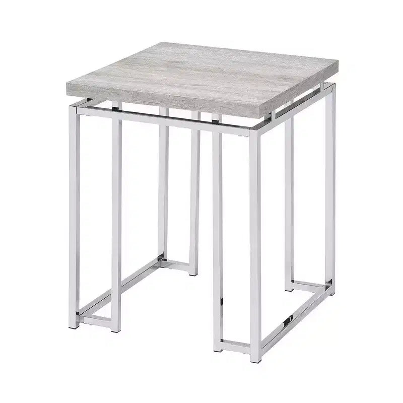 Tavolino con piano rettangolare in legno e gambe a slitta in metallo argentato, Marrone