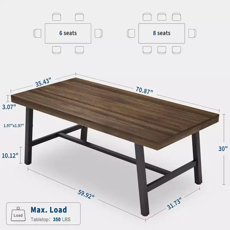 Tavolo da pranzo industriale da 179 cm per 6-8 persone, struttura in metallo, finitura marrone rustico