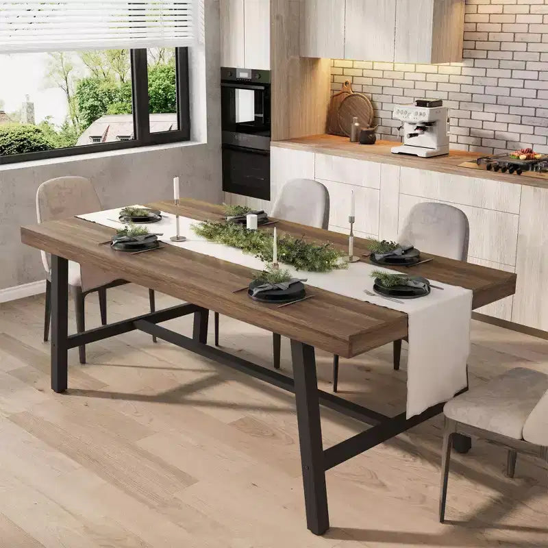 Tavolo da pranzo industriale da 179 cm per 6-8 persone, struttura in metallo, finitura marrone rustico