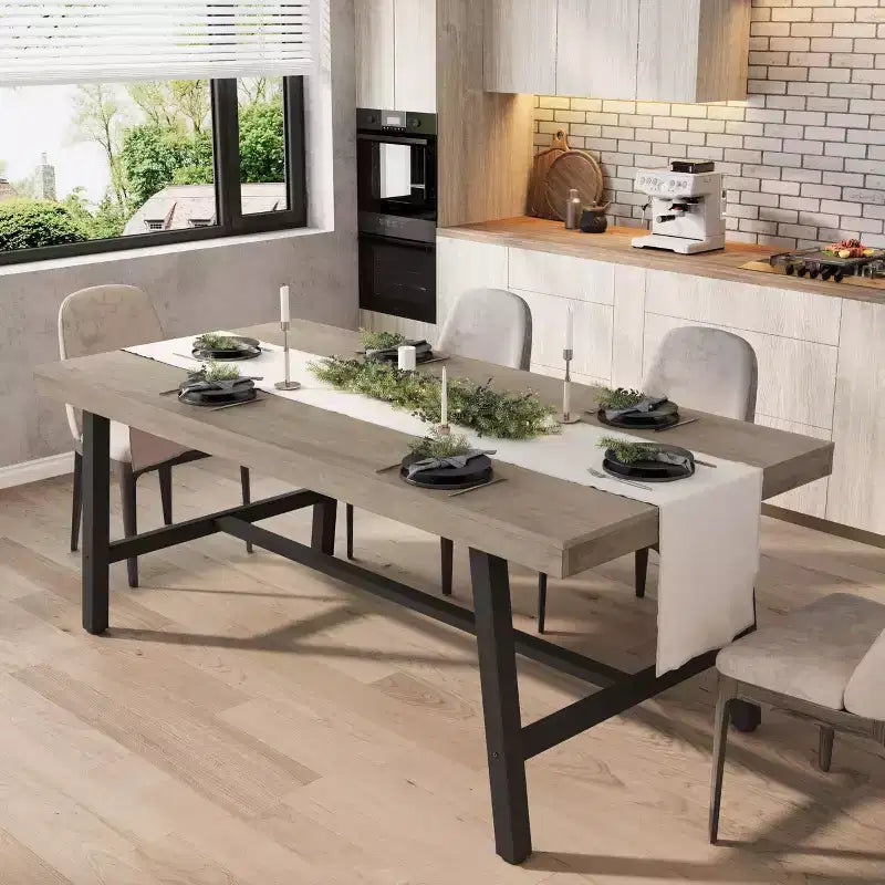 Tavolo da pranzo industriale da 179 cm per 6-8 persone, struttura in metallo, finitura marrone rustico