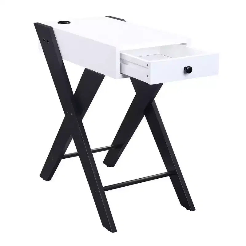 Tavolino moderno con gambe in metallo a X, 1 cassetto e base di ricarica USB