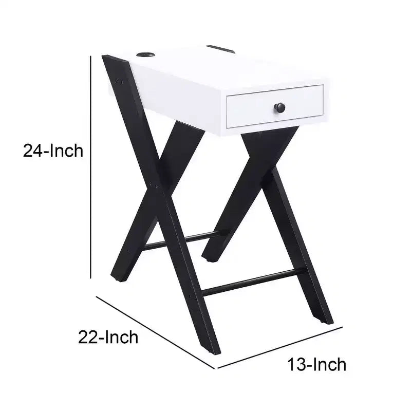 Tavolino moderno con gambe in metallo a X, 1 cassetto e base di ricarica USB