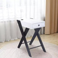 Tavolino moderno con gambe in metallo a X, 1 cassetto e base di ricarica USB