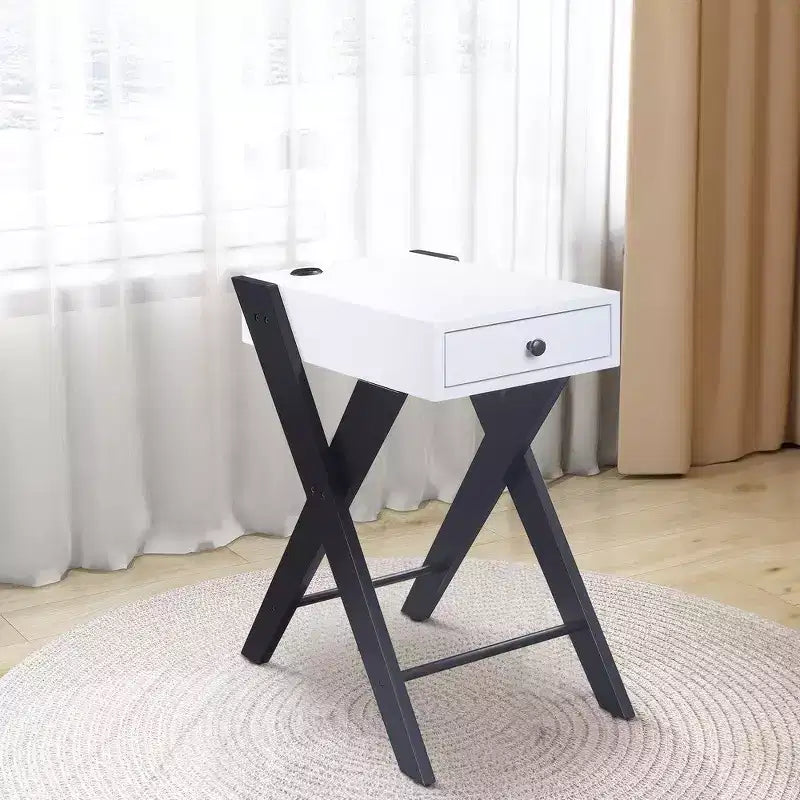 Tavolino moderno con gambe in metallo a X, 1 cassetto e base di ricarica USB