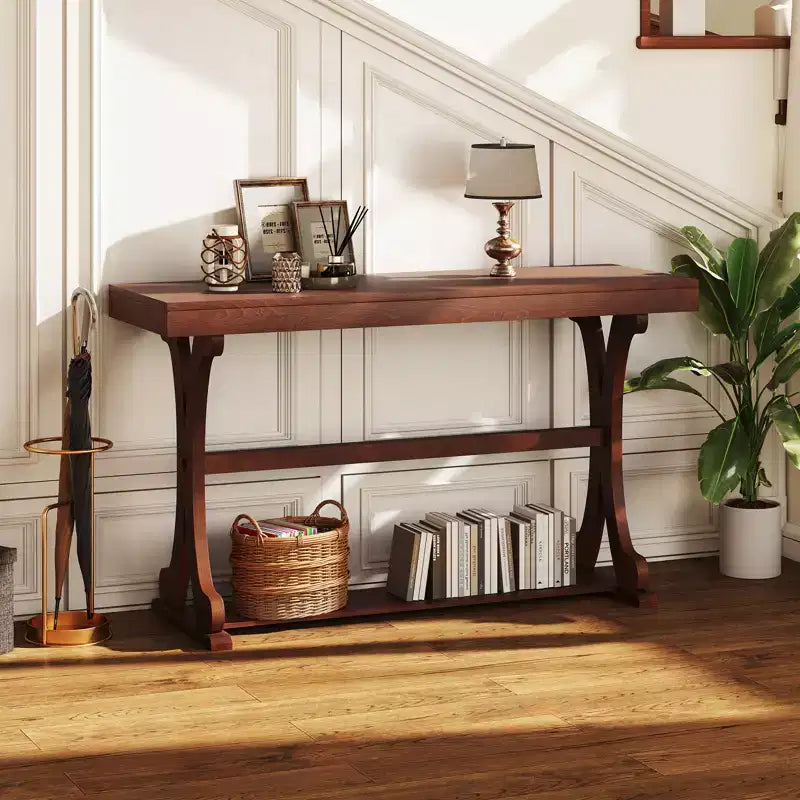 Tavolino Consolle Stretto Vintage con Ripiano Aperto, 132 cm