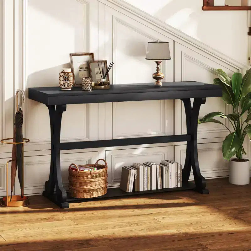 Tavolino Consolle Stretto Vintage con Ripiano Aperto, 132 cm