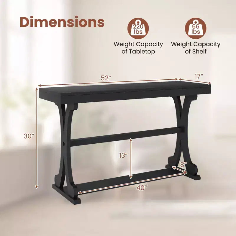 Tavolino Consolle Stretto Vintage con Ripiano Aperto, 132 cm