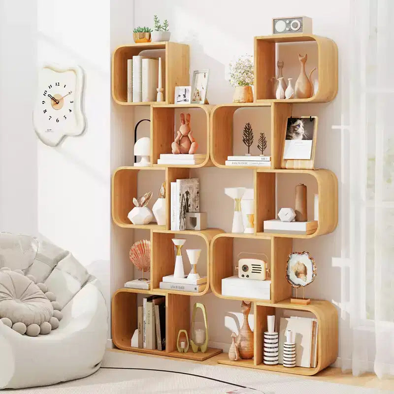 Libreria in bambù a forma di S a 5 ripiani, confezione da 2, con 5 cubi aperti, scaffale angolare da esposizione